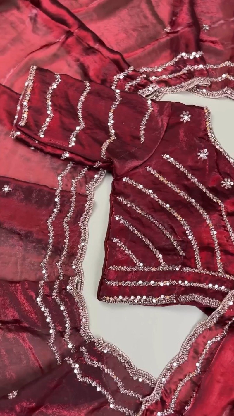 Deep Crimson Radiance Sequined Hand-Embroidered Saree Set