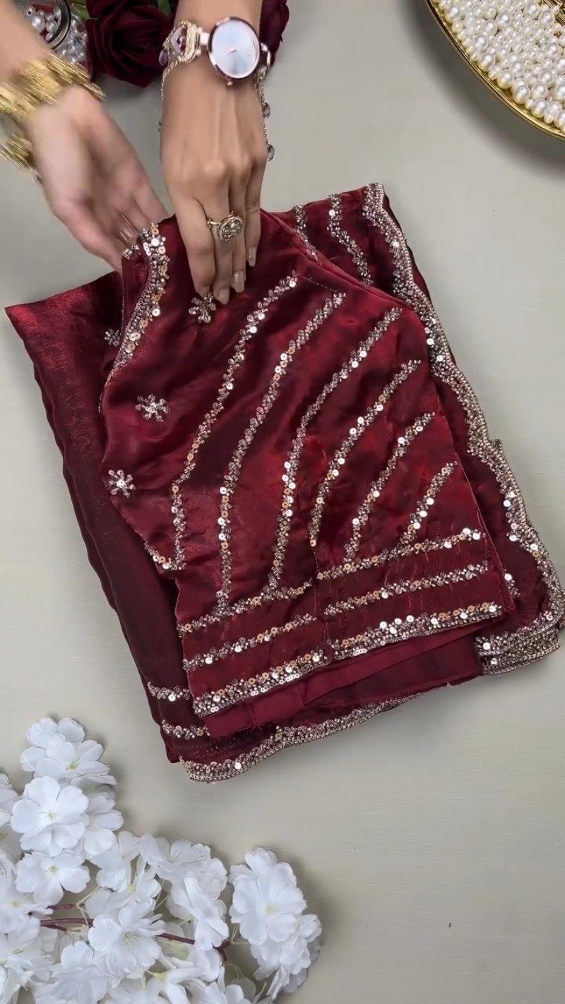 Deep Crimson Radiance Sequined Hand-Embroidered Saree Set - Image 2