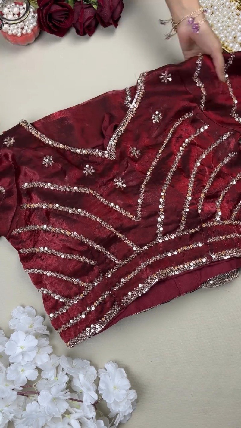 Deep Crimson Radiance Sequined Hand-Embroidered Saree Set - Image 3