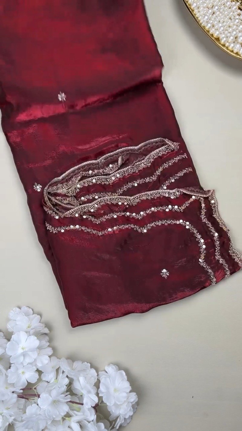 Deep Crimson Radiance Sequined Hand-Embroidered Saree Set - Image 4