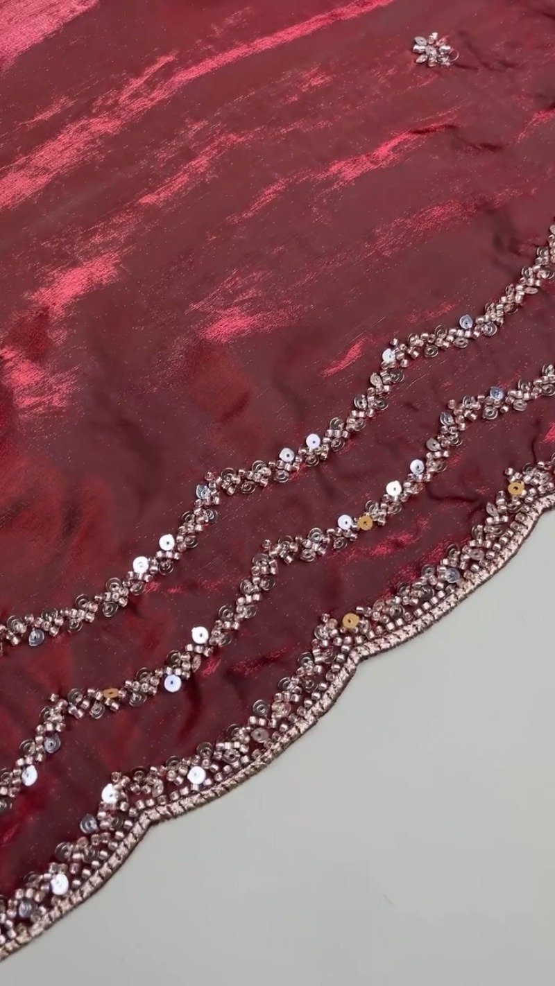 Deep Crimson Radiance Sequined Hand-Embroidered Saree Set - Image 5