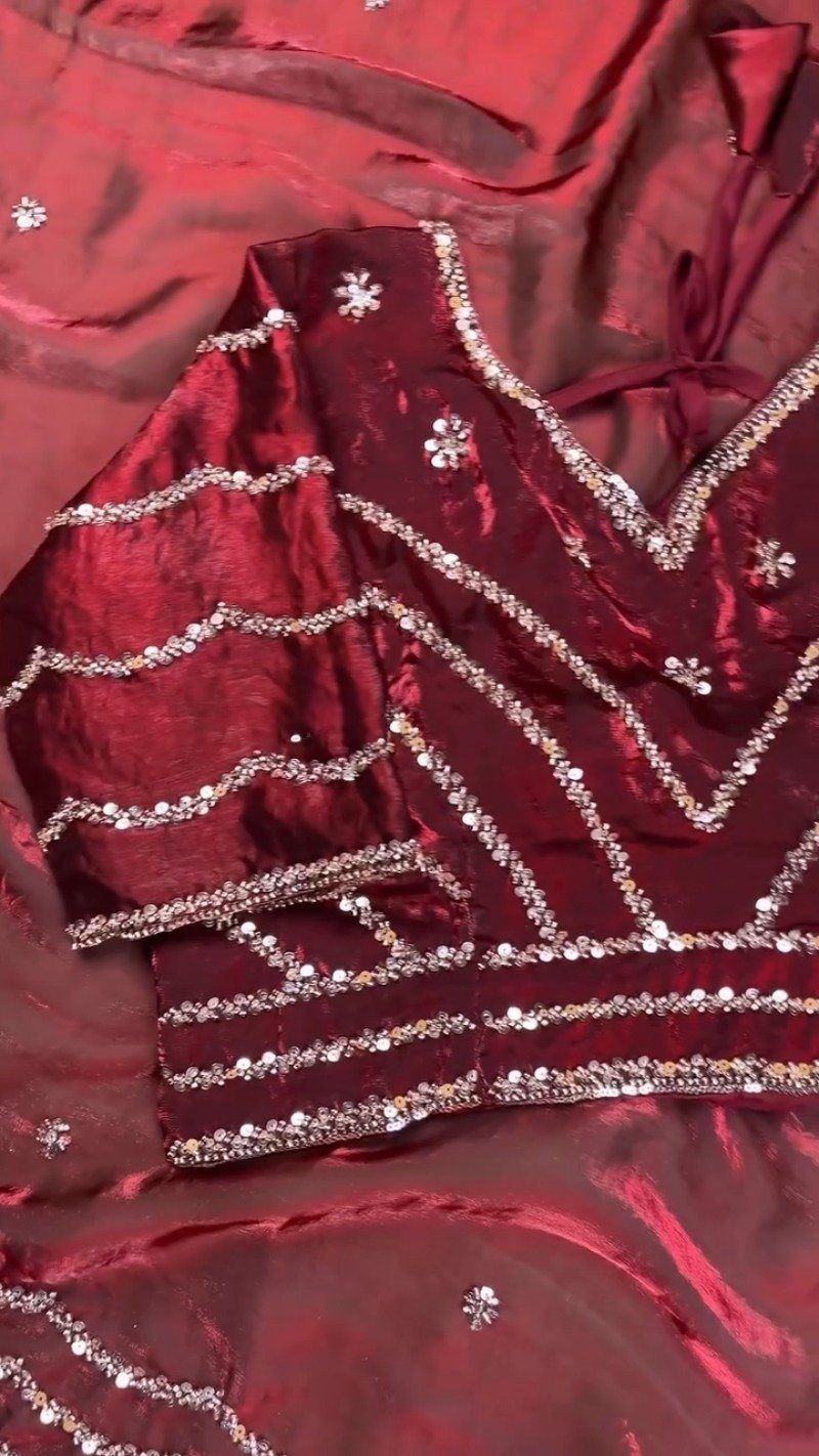 Deep Crimson Radiance Sequined Hand-Embroidered Saree Set - Image 6