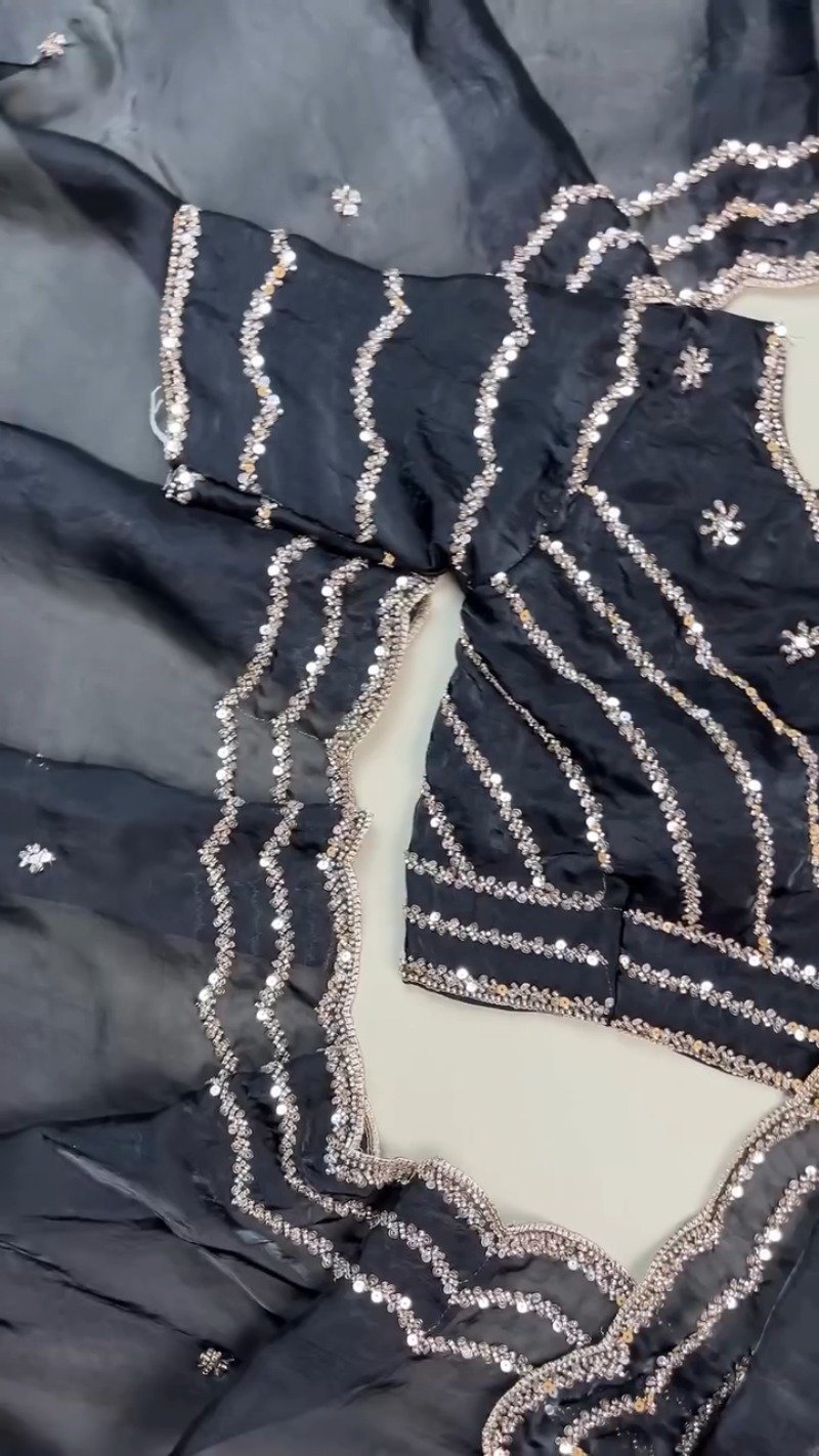 Midnight Radiance Embellished Saree and Blouse Set – Available in Black