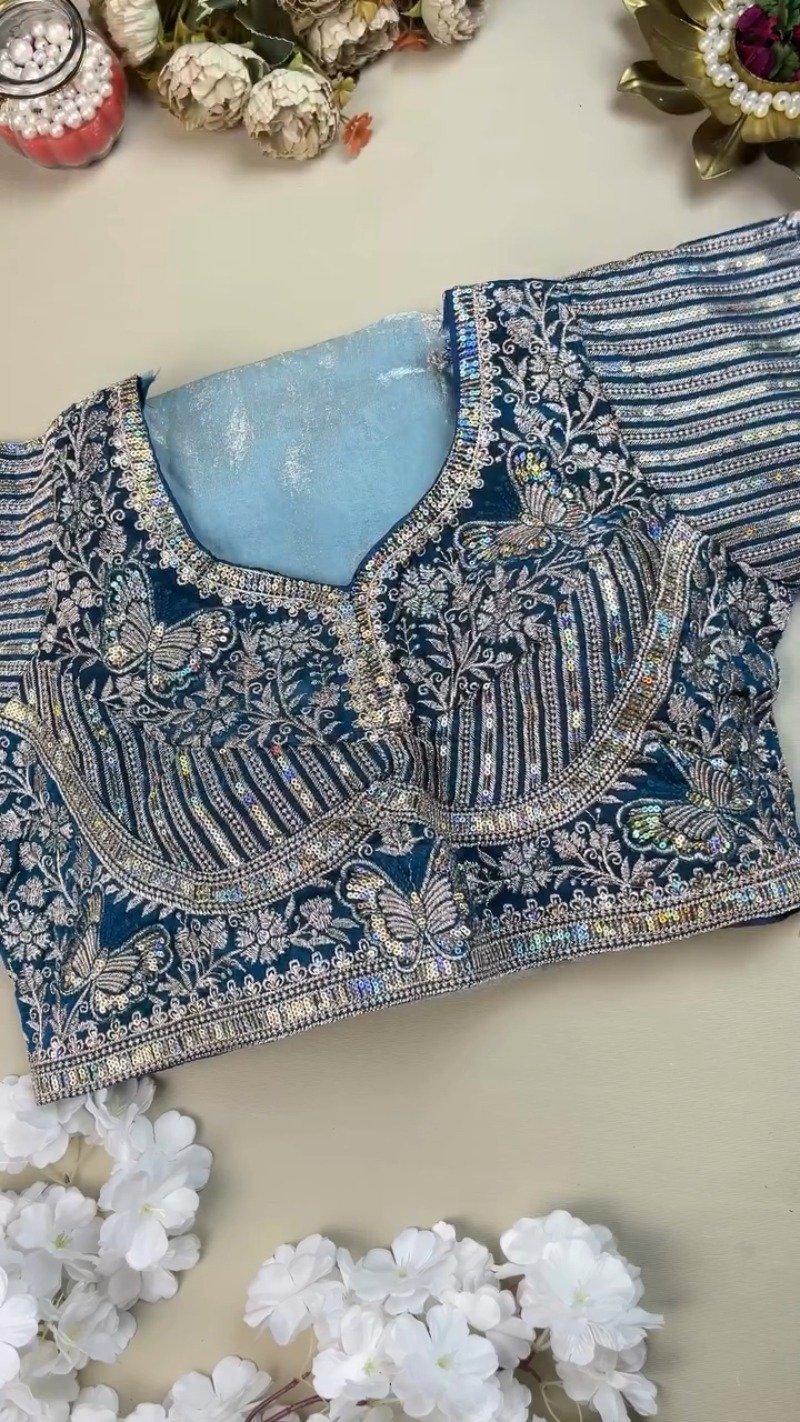 Enchanting Midnight Blue & Icy Sky Butterfly Embroidered Organza Saree Set - Image 2