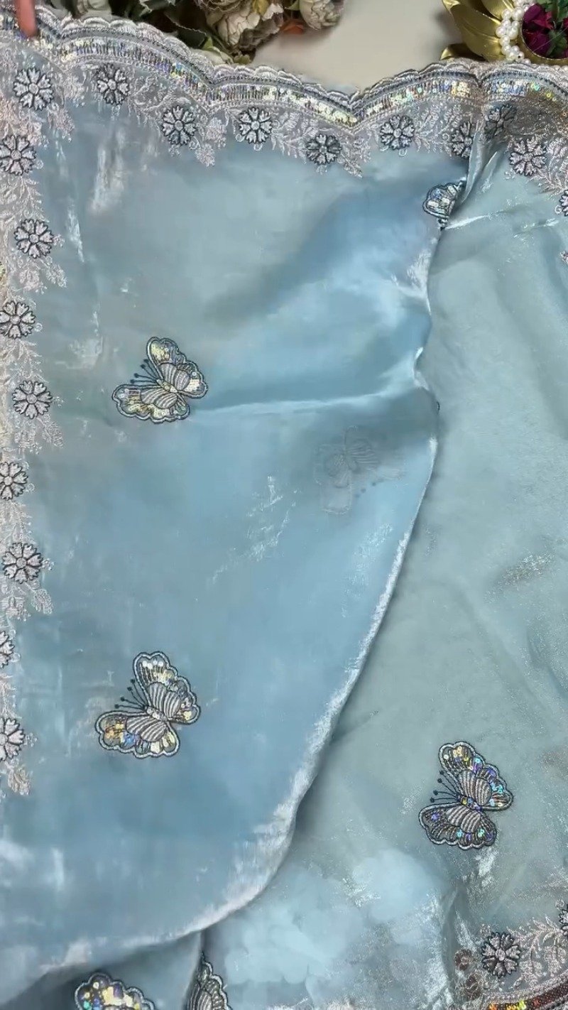Enchanting Midnight Blue & Icy Sky Butterfly Embroidered Organza Saree Set - Image 3