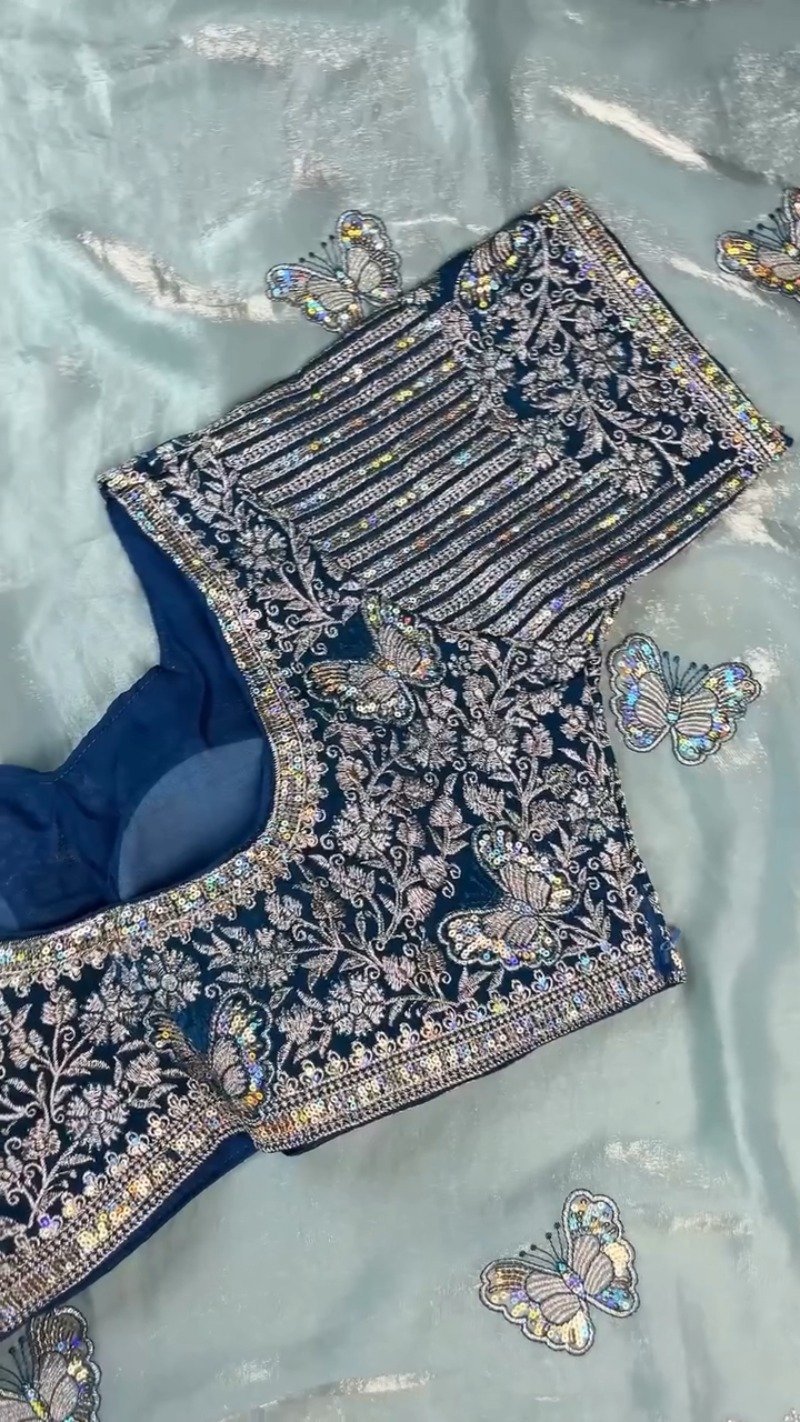 Enchanting Midnight Blue & Icy Sky Butterfly Embroidered Organza Saree Set - Image 5