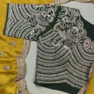 Royal Midnight Green Hand-Embroidered Blouse with Mustard Silk Saree – A Masterpiece of Contrast