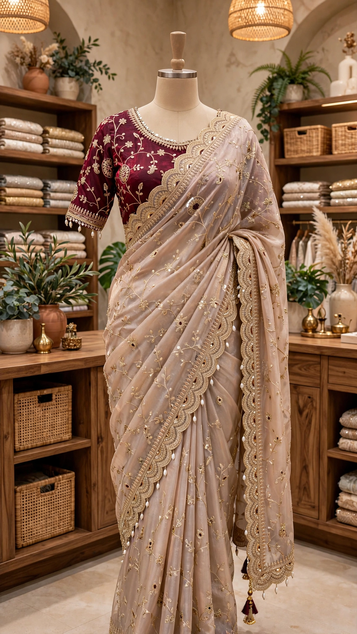 Timeless Elegance Maroon & Champagne Embroidered Saree Set – Available in Single Colourway - Image 2