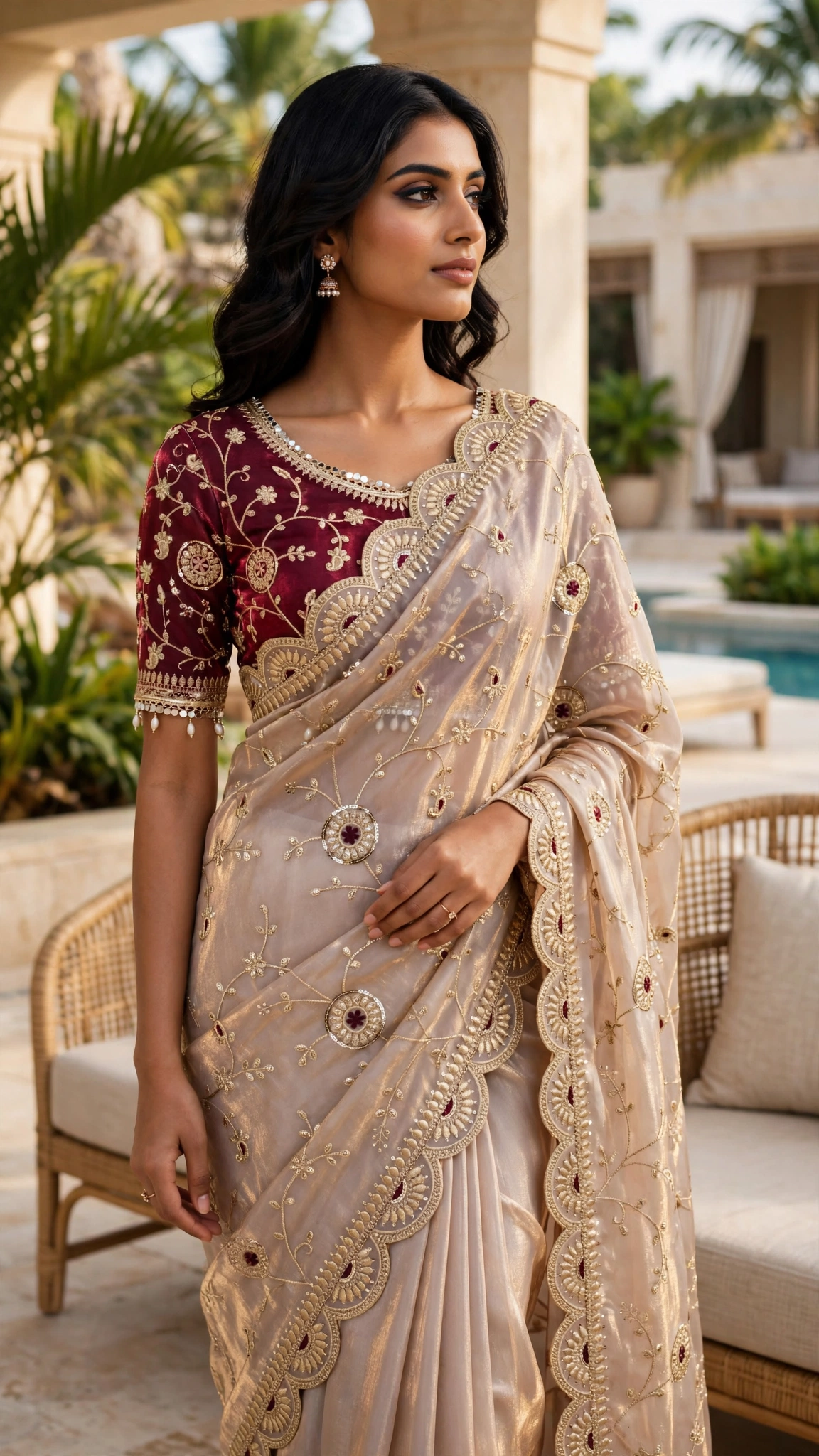 Timeless Elegance Maroon & Champagne Embroidered Saree Set – Available in Single Colourway - Image 3
