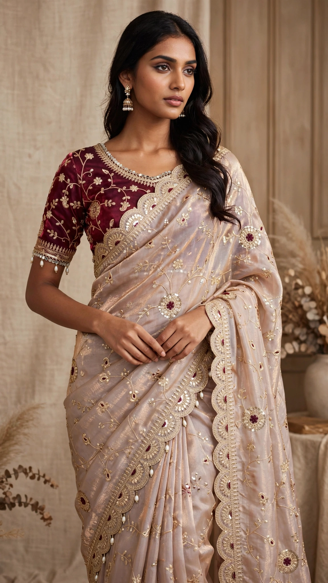 Timeless Elegance Maroon & Champagne Embroidered Saree Set – Available in Single Colourway - Image 4