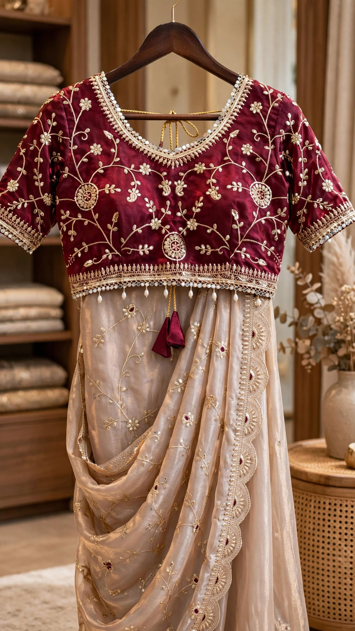 Timeless Elegance Maroon & Champagne Embroidered Saree Set – Available in Single Colourway