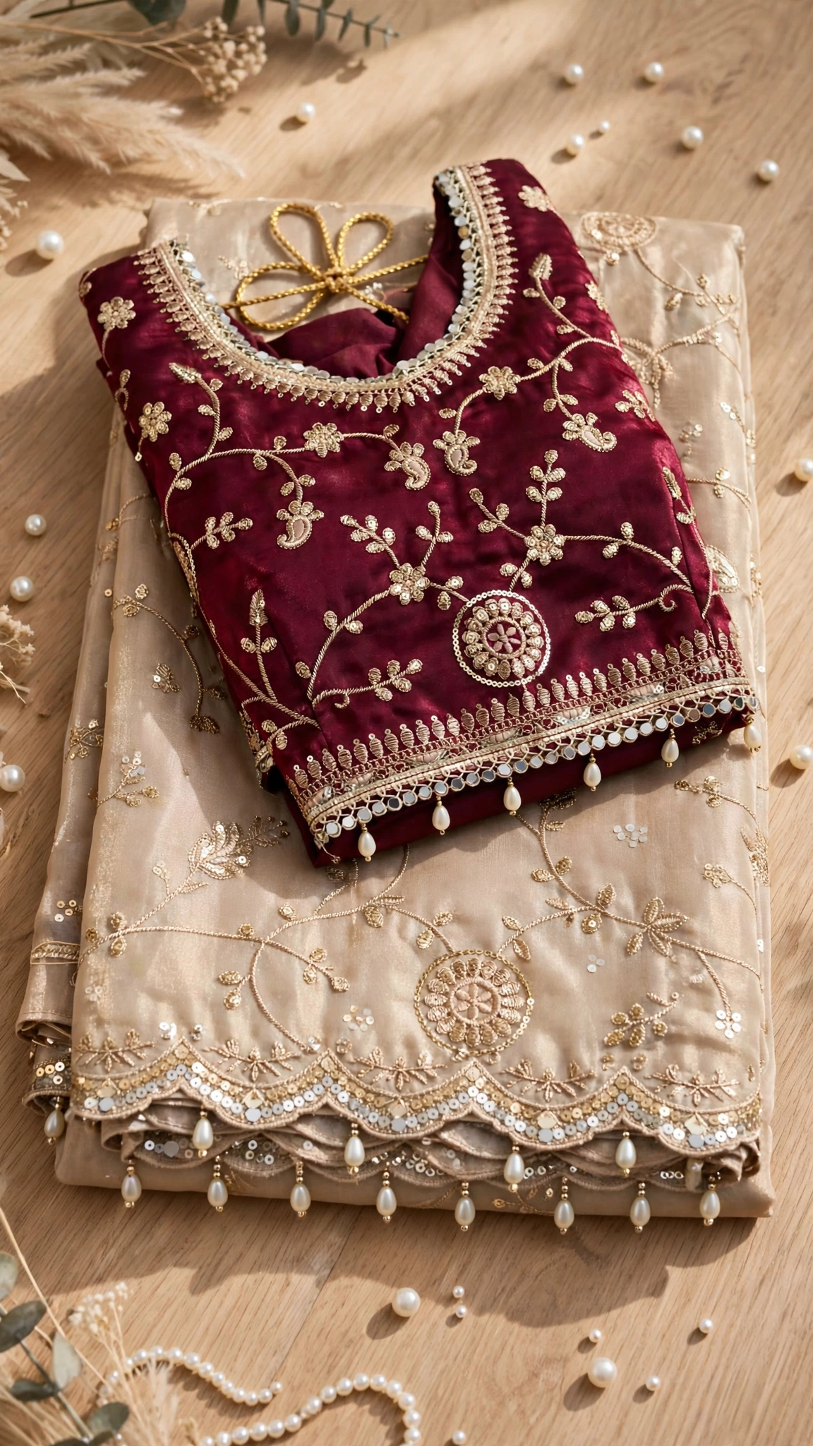 Timeless Elegance Maroon & Champagne Embroidered Saree Set – Available in Single Colourway - Image 5
