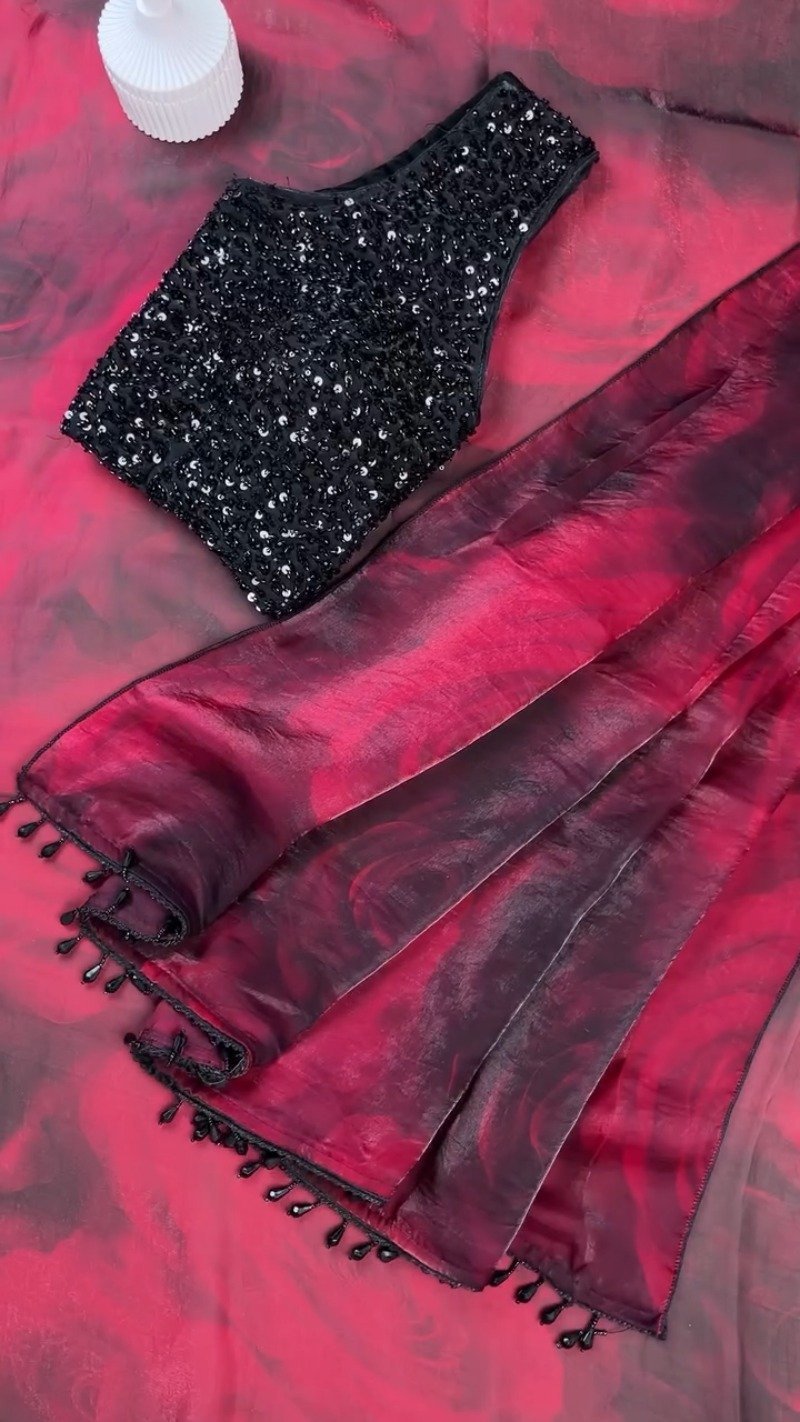 Midnight Radiance Sequin Embellished Saree with Rose-Print Organza – Ruby Red