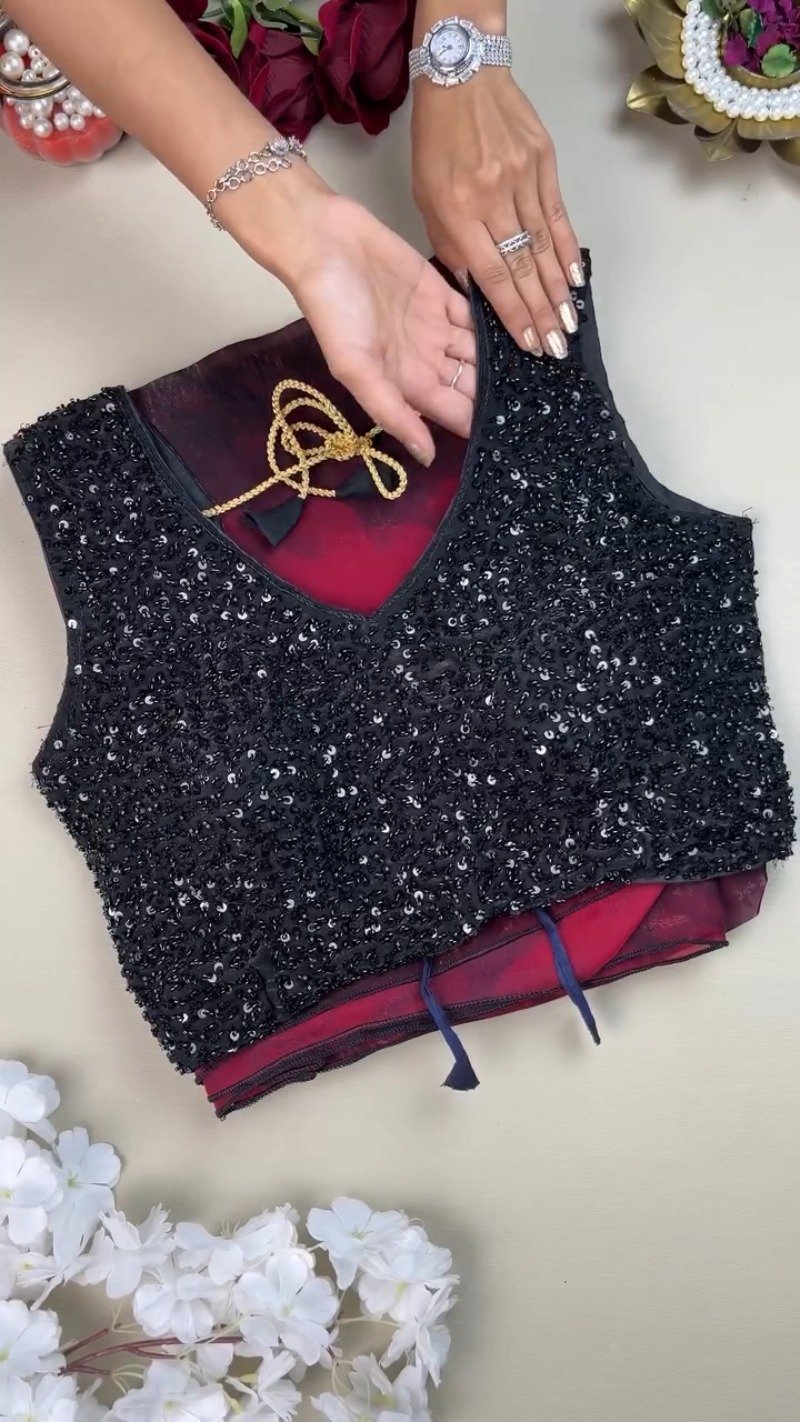 Midnight Radiance Sequin Embellished Saree with Rose-Print Organza – Ruby Red - Image 2