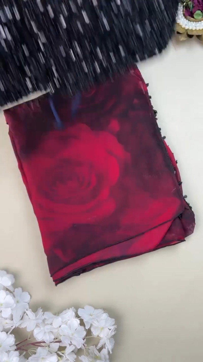 Midnight Radiance Sequin Embellished Saree with Rose-Print Organza – Ruby Red - Image 3