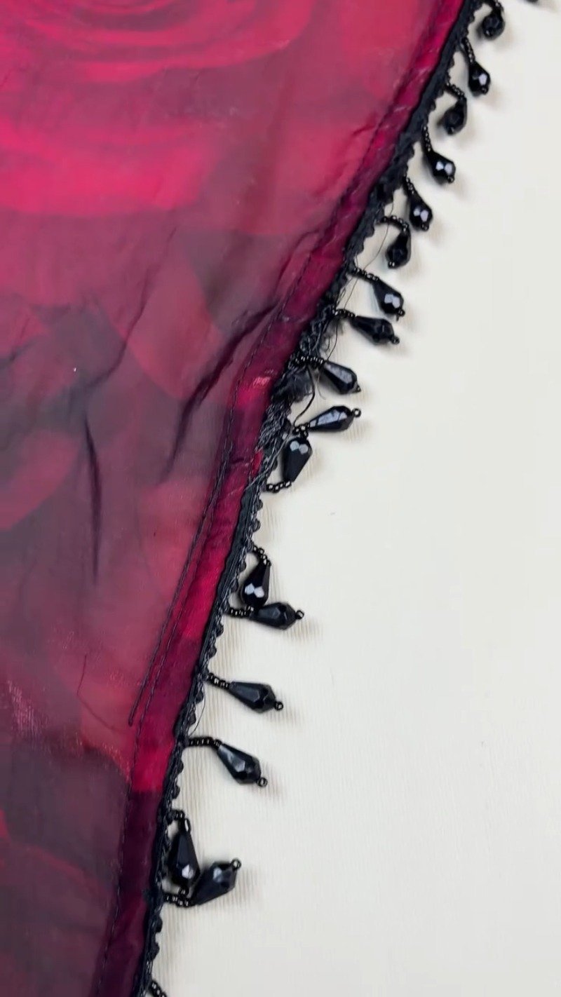 Midnight Radiance Sequin Embellished Saree with Rose-Print Organza – Ruby Red - Image 4