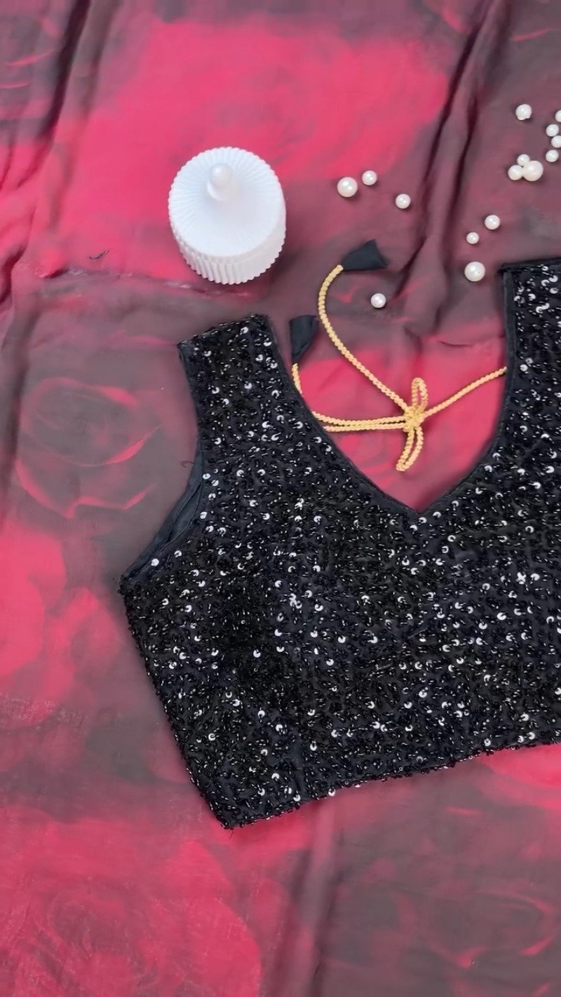 Midnight Radiance Sequin Embellished Saree with Rose-Print Organza – Ruby Red - Image 5
