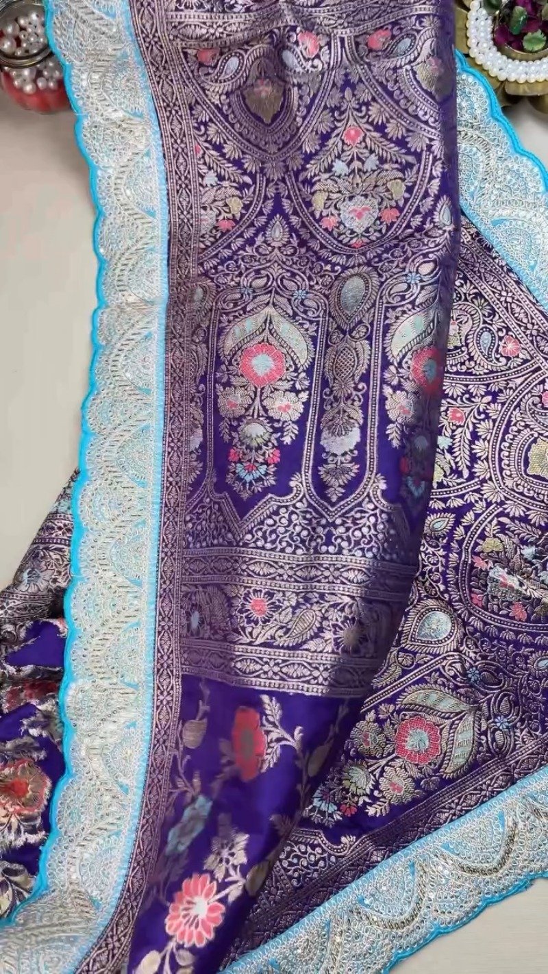 Royal Purple & Azure Blue Banarasi Silk Saree Set – Available in Purple & Blue - Image 3