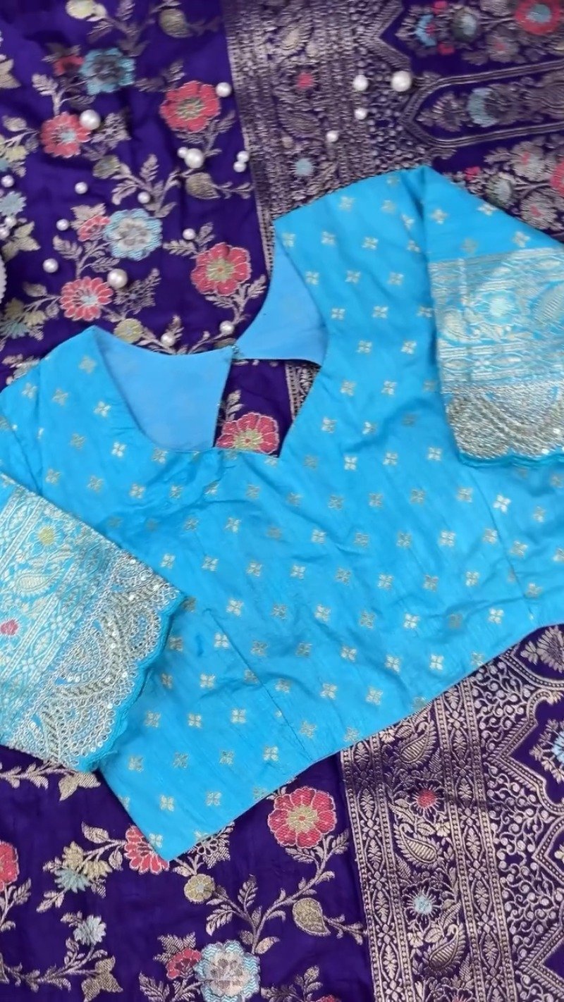 Royal Purple & Azure Blue Banarasi Silk Saree Set – Available in Purple & Blue - Image 4