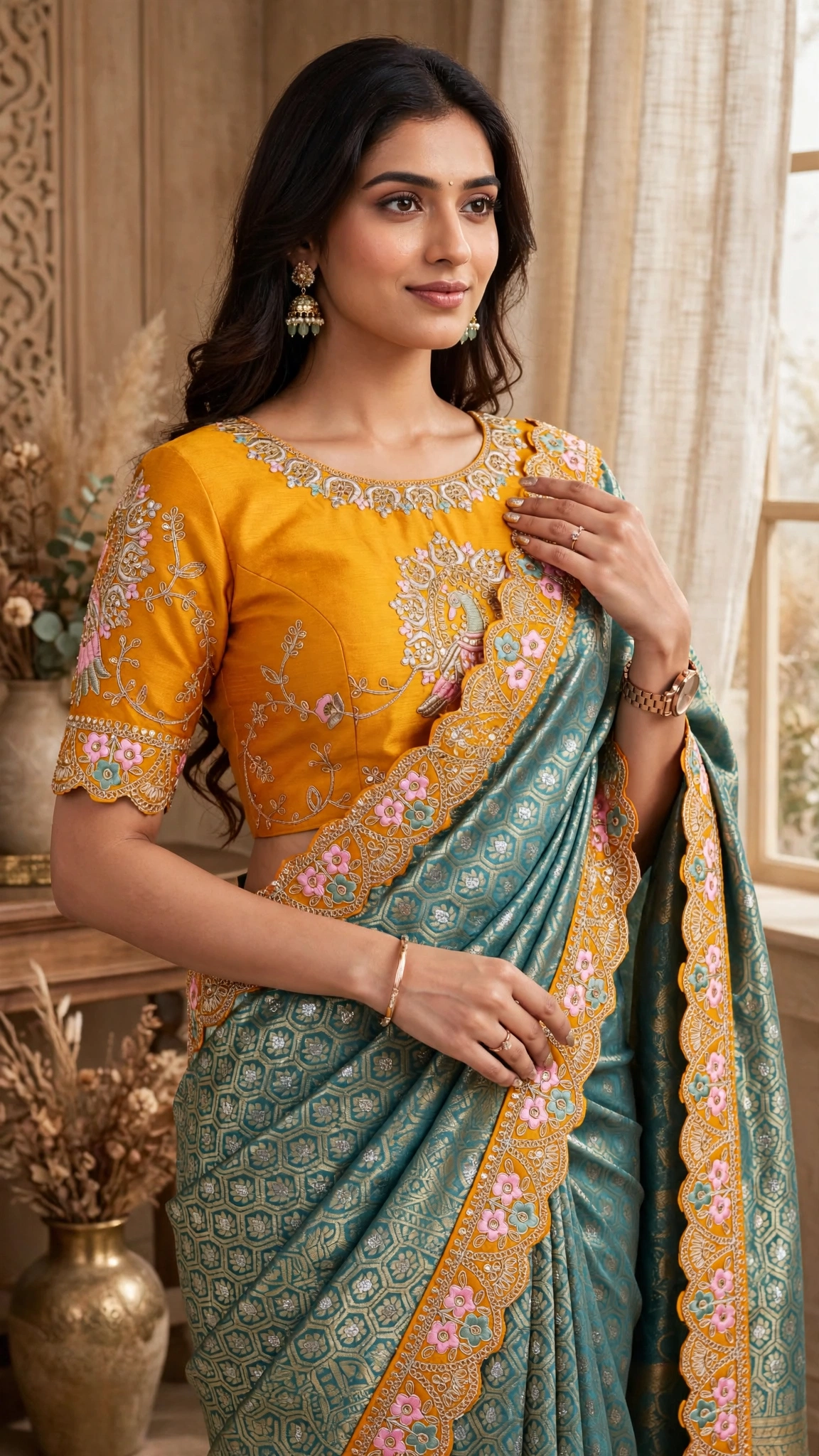 Peacock Motif Embroidered Mustard & Teal Silk Saree Set - Image 2