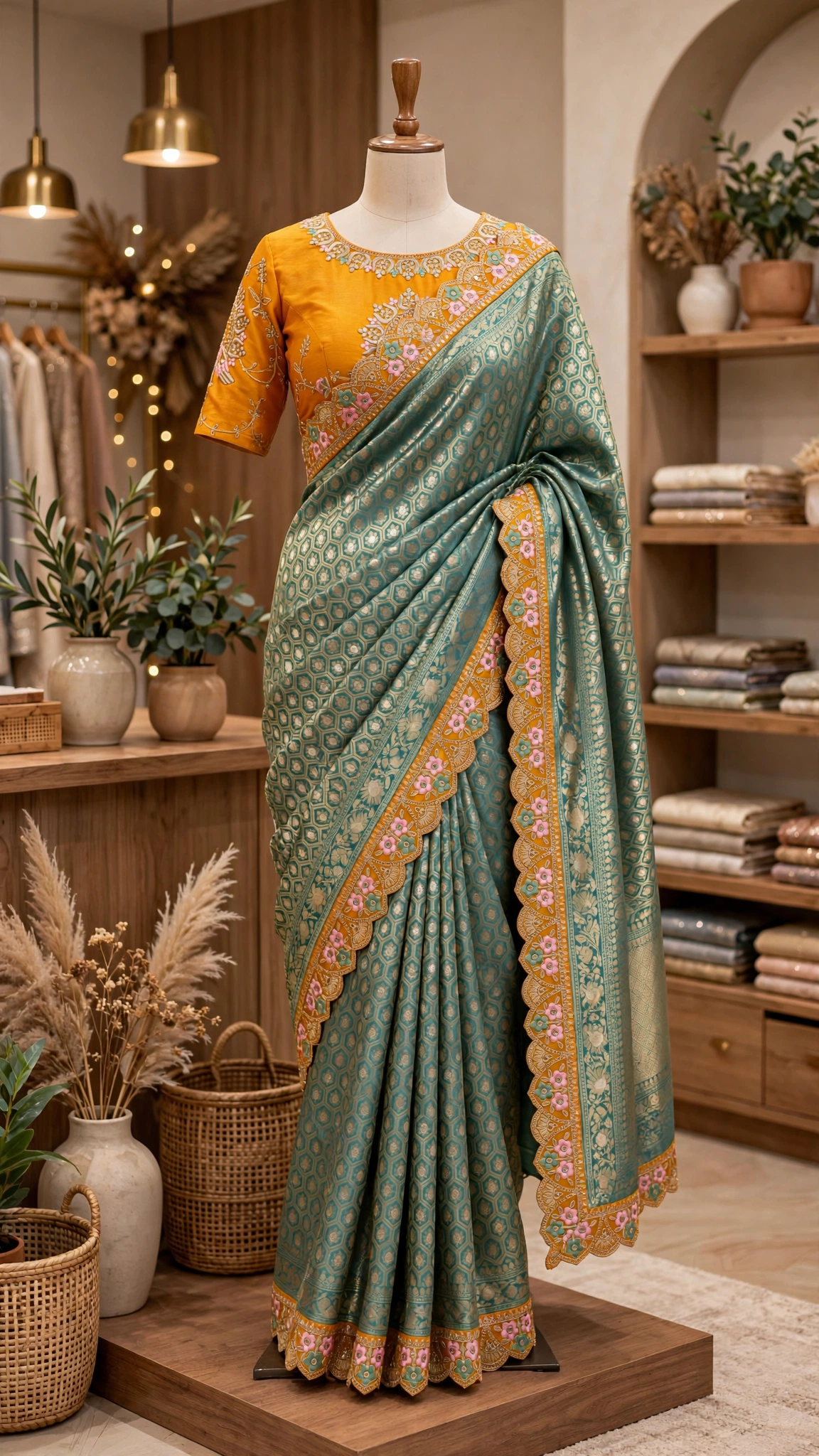 Peacock Motif Embroidered Mustard & Teal Silk Saree Set - Image 3