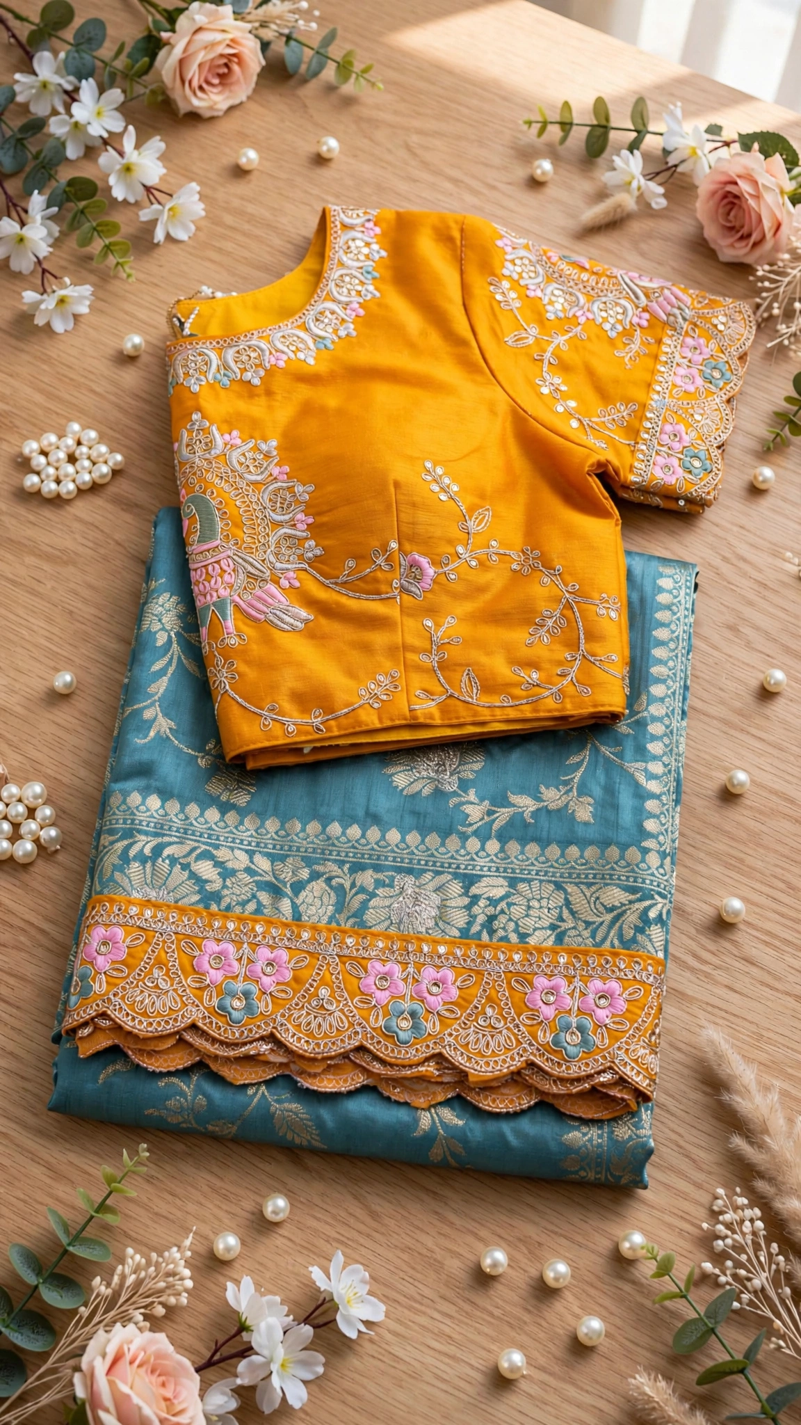 Peacock Motif Embroidered Mustard & Teal Silk Saree Set - Image 4