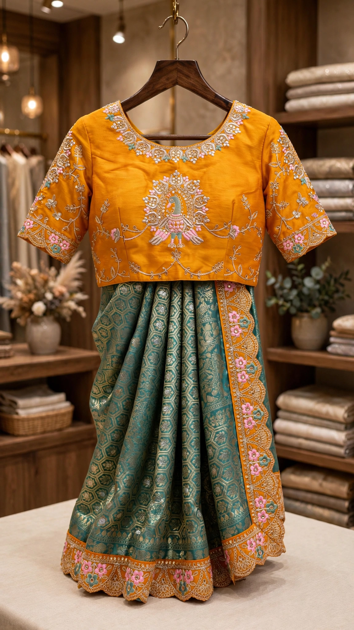 Peacock Motif Embroidered Mustard & Teal Silk Saree Set