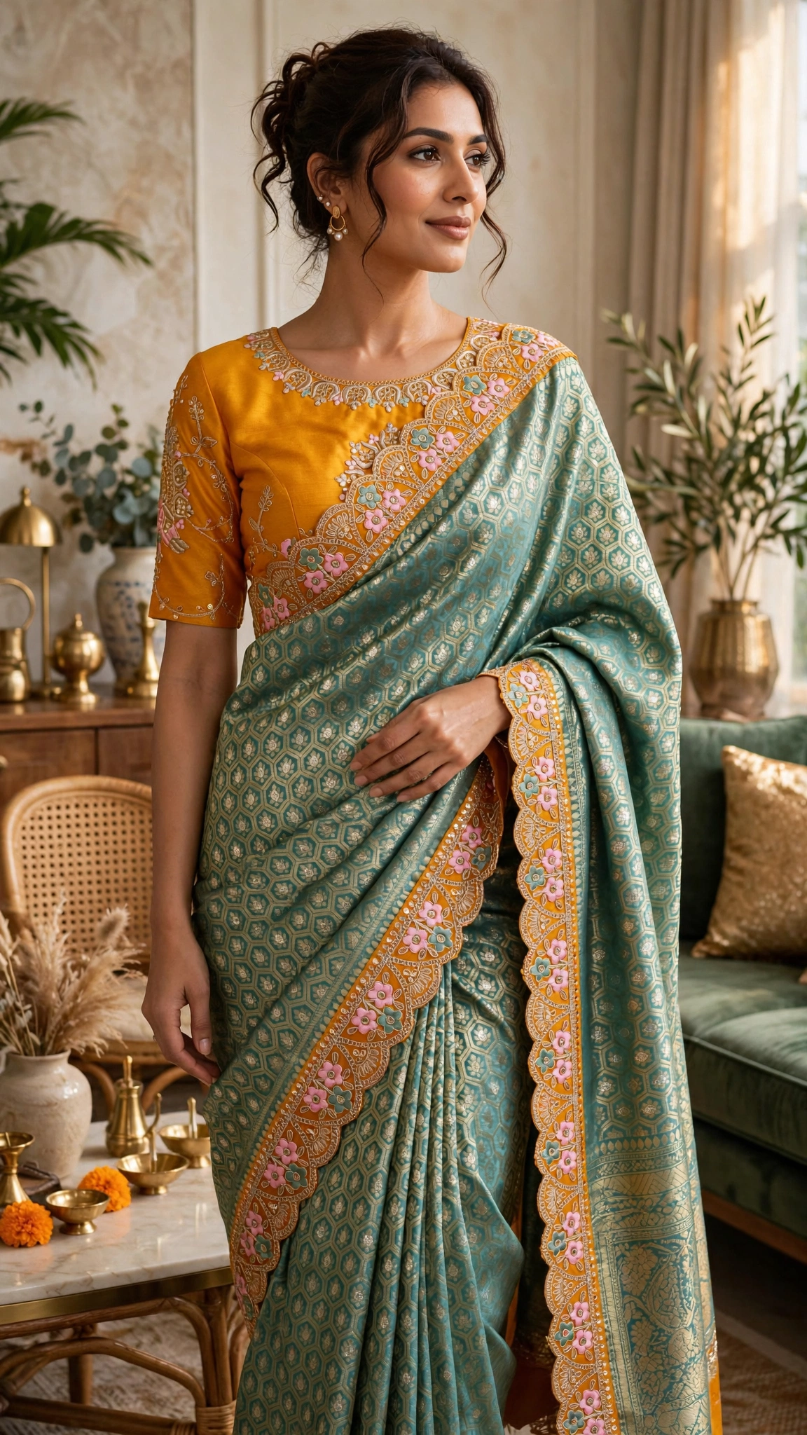 Peacock Motif Embroidered Mustard & Teal Silk Saree Set - Image 5