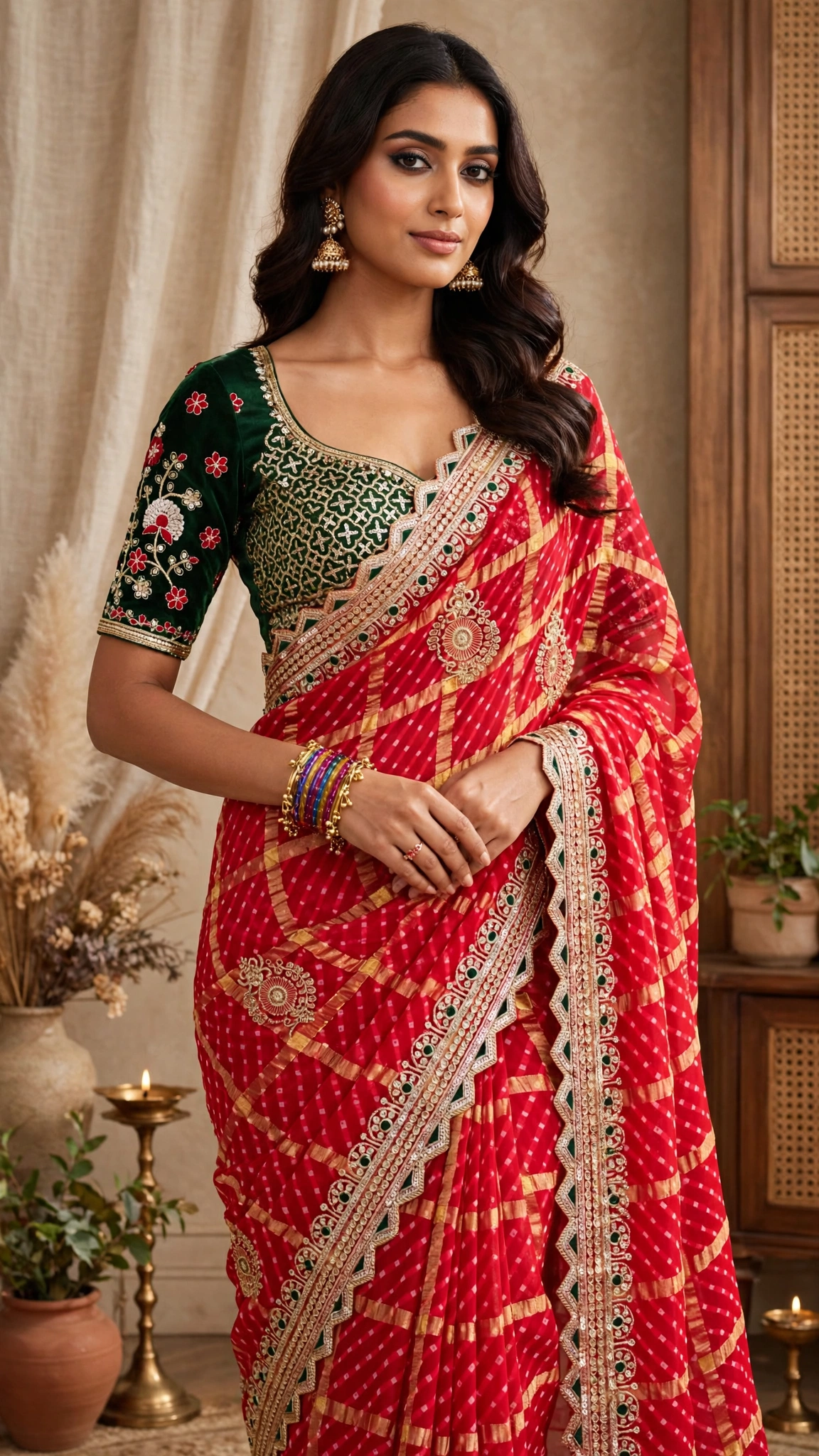 Regal Emerald & Vermilion Bandhani Silk Saree – Available in Classic Red & Festive Deep Green - Image 2
