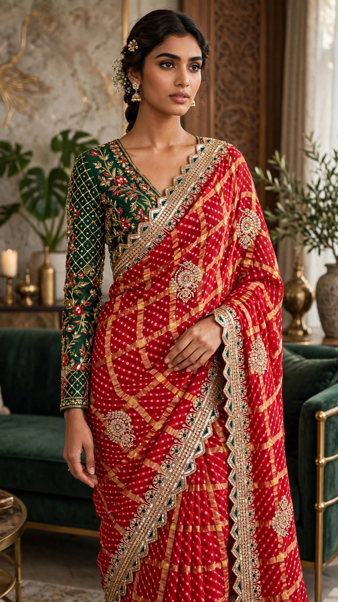 Regal Emerald & Vermilion Bandhani Silk Saree – Available in Classic Red & Festive Deep Green - Image 3