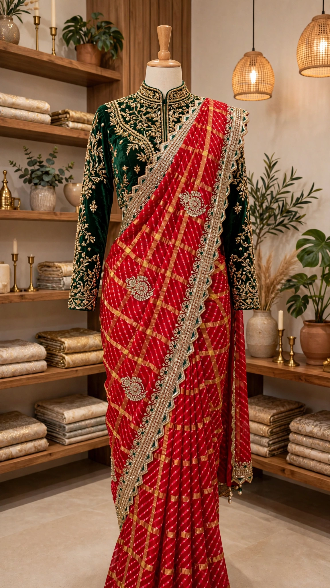 Regal Emerald & Vermilion Bandhani Silk Saree – Available in Classic Red & Festive Deep Green - Image 4