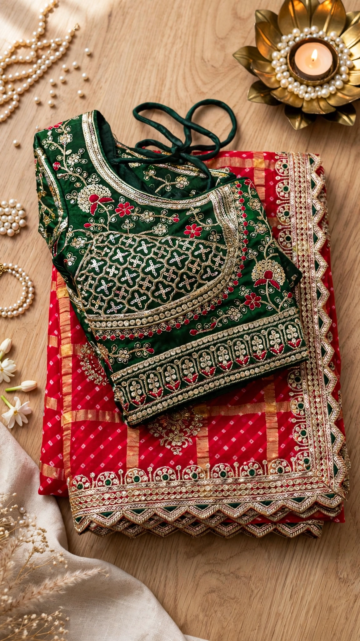 Regal Emerald & Vermilion Bandhani Silk Saree – Available in Classic Red & Festive Deep Green - Image 5