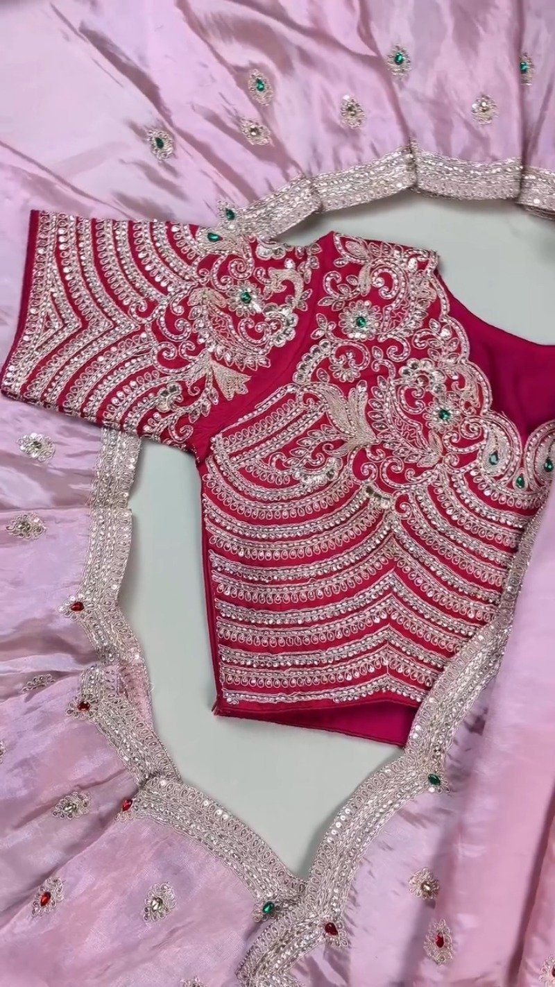 Royal Ruby and Pastel Pink Hand-Embroidered Saree Ensemble – Available in Deep Crimson & Blush Rose