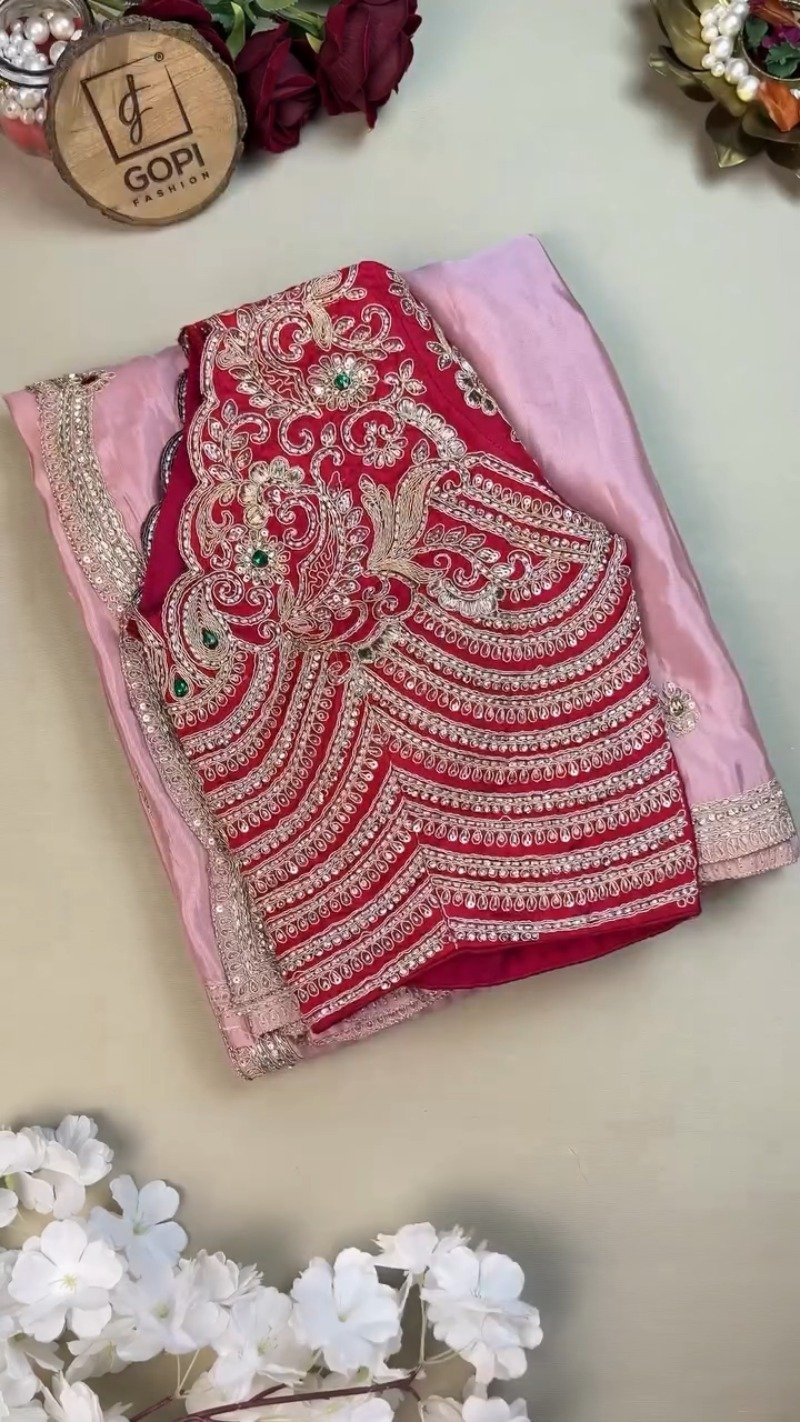Royal Ruby and Pastel Pink Hand-Embroidered Saree Ensemble – Available in Deep Crimson & Blush Rose - Image 2