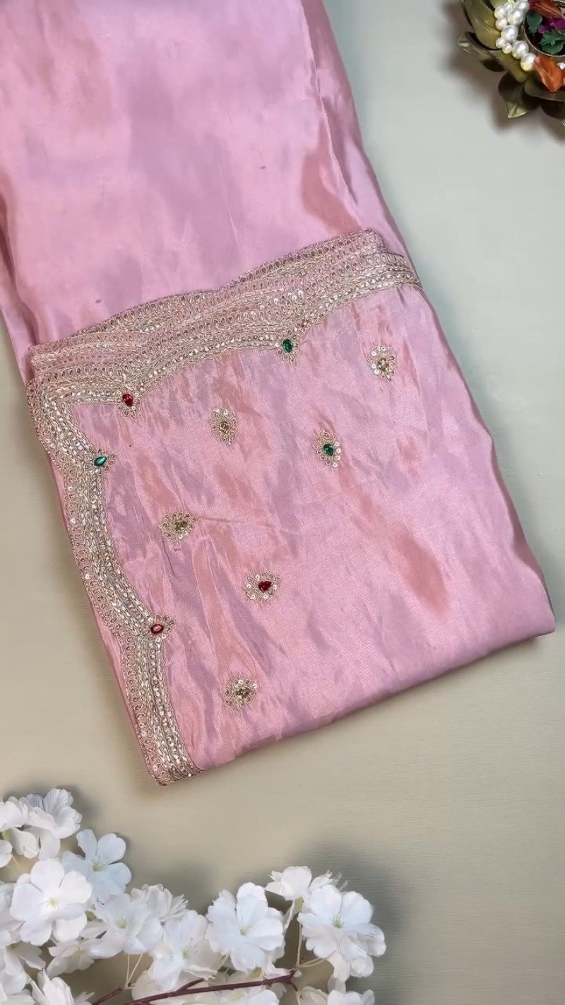 Royal Ruby and Pastel Pink Hand-Embroidered Saree Ensemble – Available in Deep Crimson & Blush Rose - Image 3