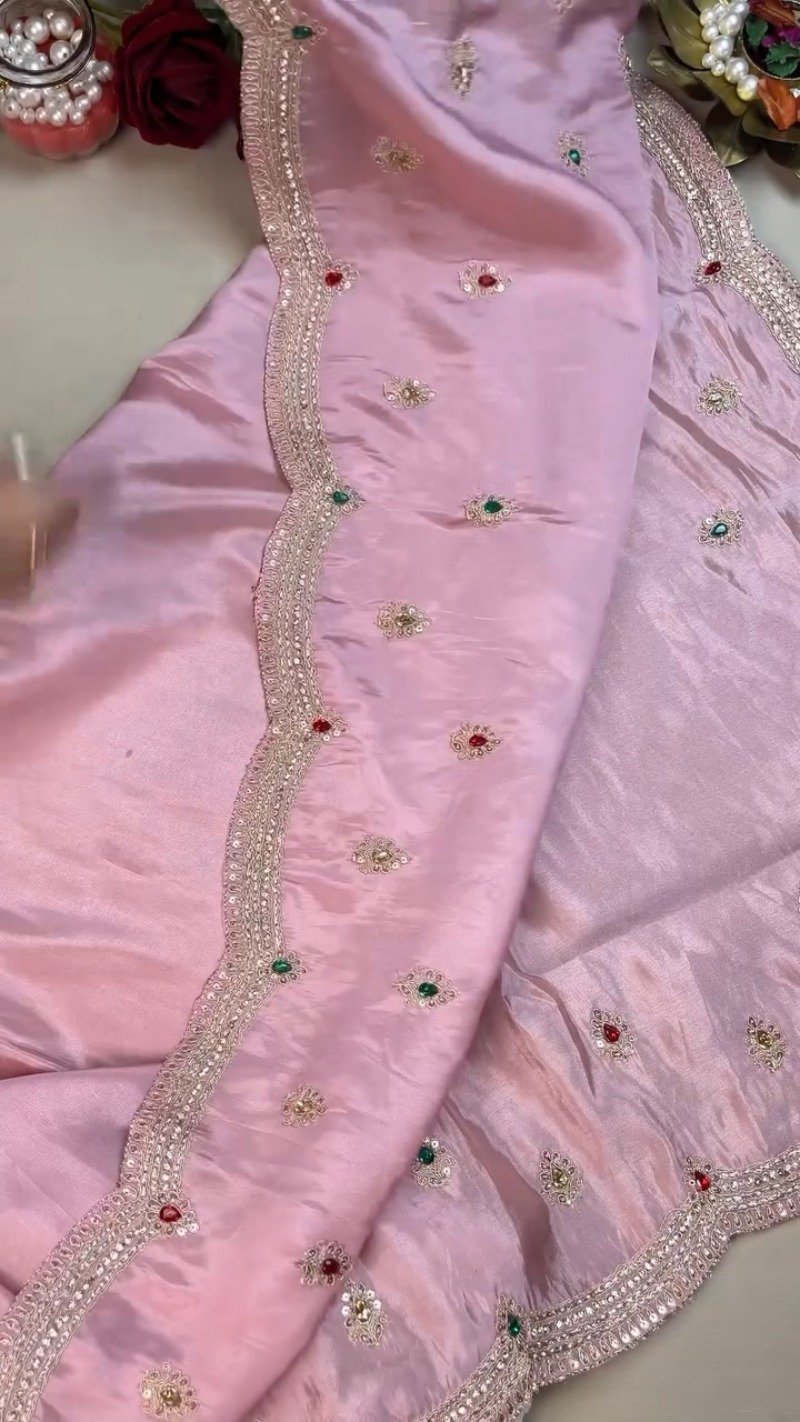 Royal Ruby and Pastel Pink Hand-Embroidered Saree Ensemble – Available in Deep Crimson & Blush Rose - Image 4