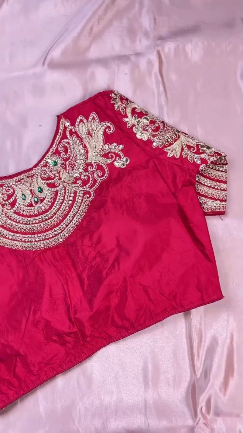 Royal Ruby and Pastel Pink Hand-Embroidered Saree Ensemble – Available in Deep Crimson & Blush Rose - Image 5