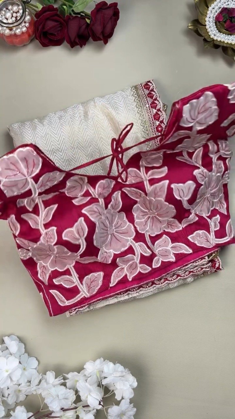 Ivory Chevron Pattern Saree with Embellished Deep Magenta Blouse – Elegant Festive Drape - Image 3