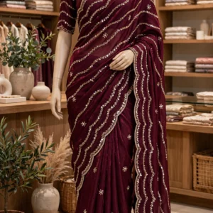 Glimmering Sequin & Embroidered Saree Ensemble – Available in Teal Blue & Royal Burgundy