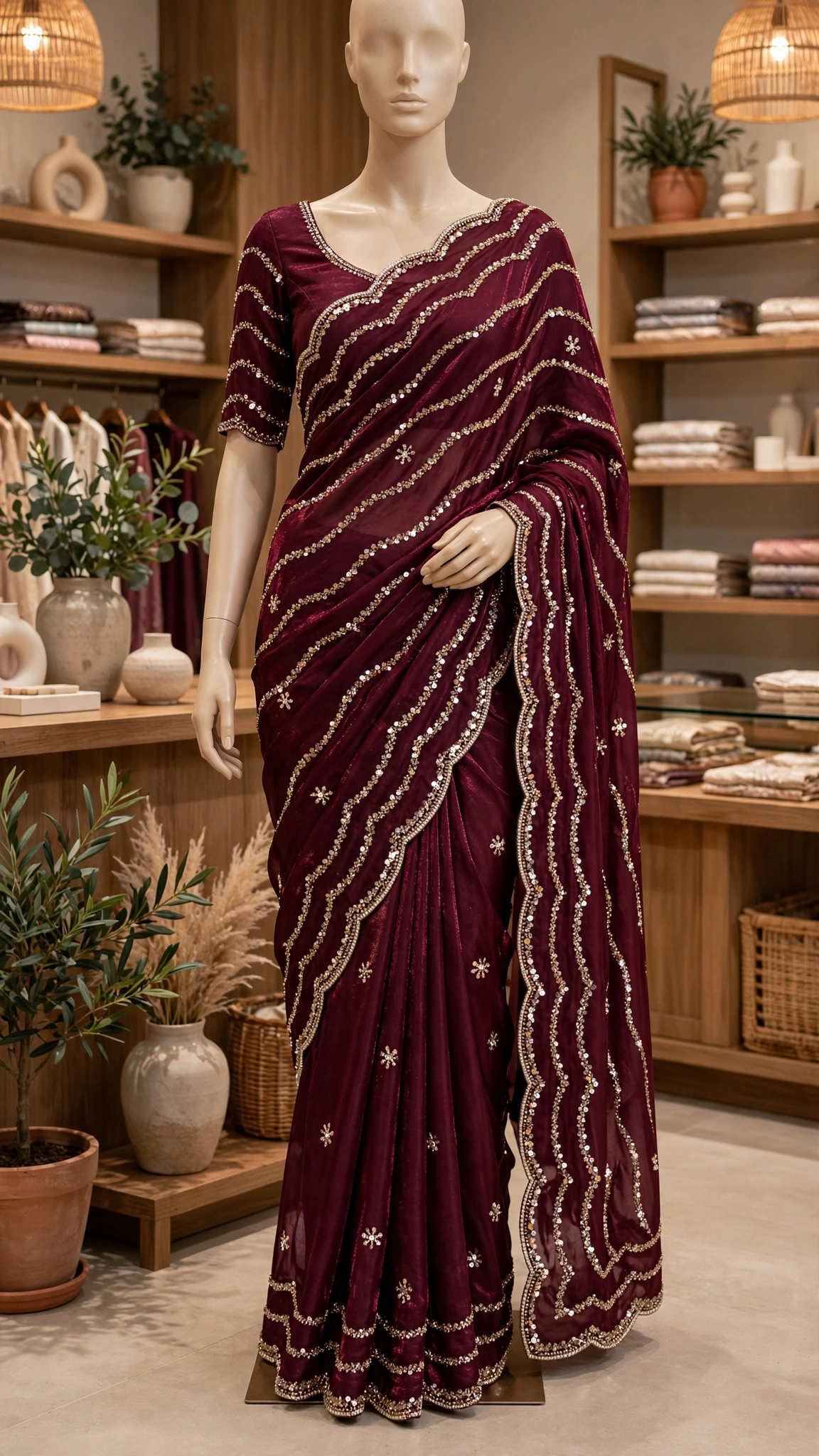 Glimmering Sequin & Embroidered Saree Ensemble – Available in Teal Blue & Royal Burgundy