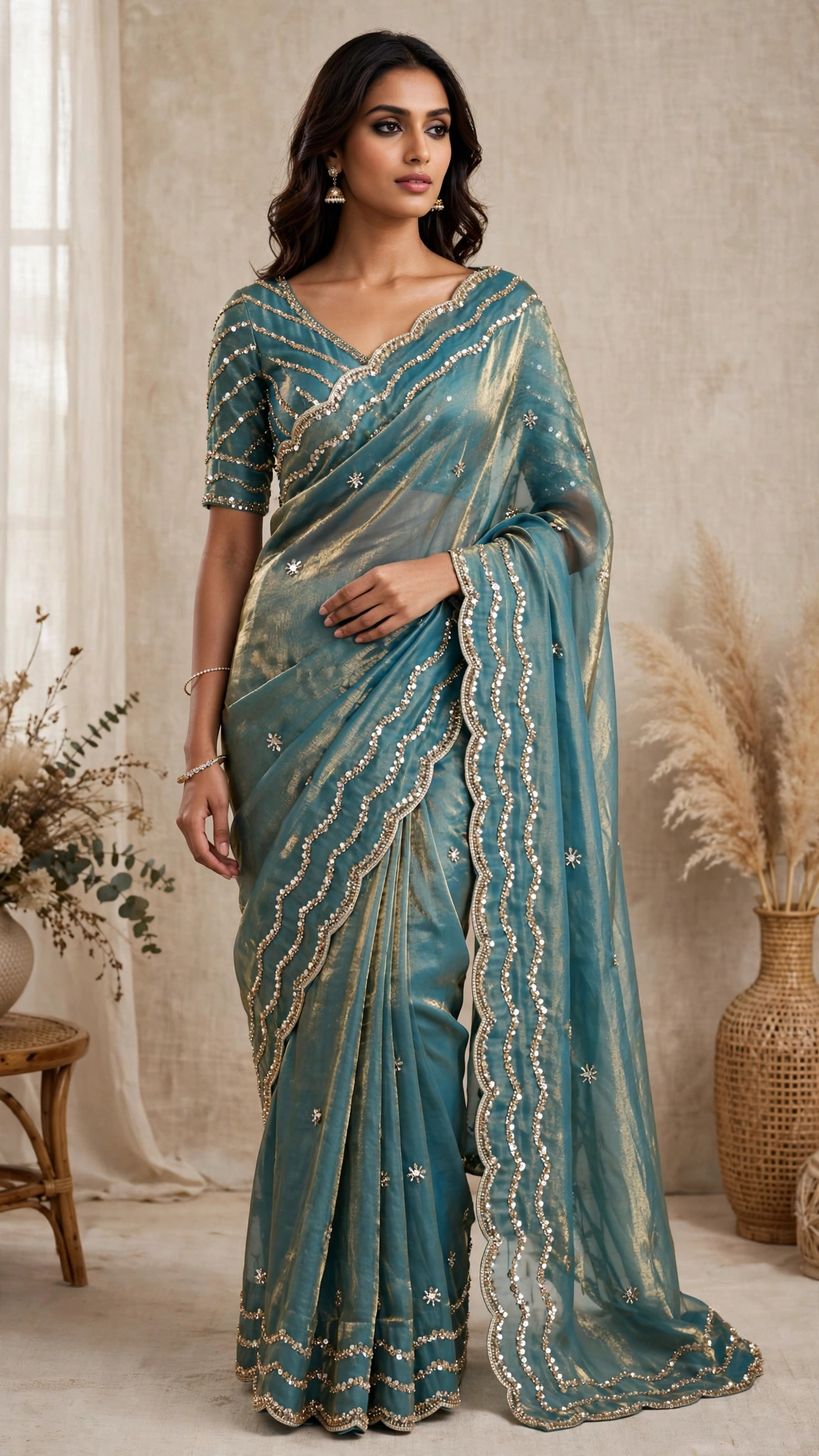 Glimmering Sequin & Embroidered Saree Ensemble – Available in Teal Blue & Royal Burgundy - Image 2