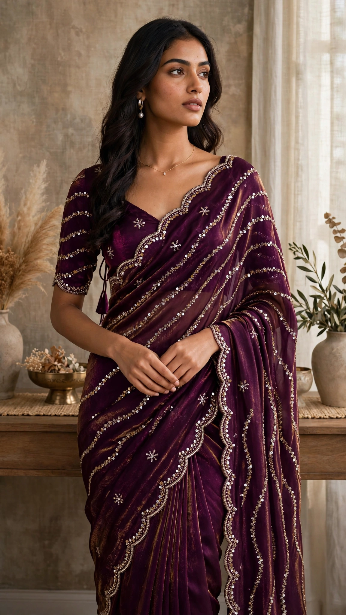 Glimmering Sequin & Embroidered Saree Ensemble – Available in Teal Blue & Royal Burgundy - Image 3
