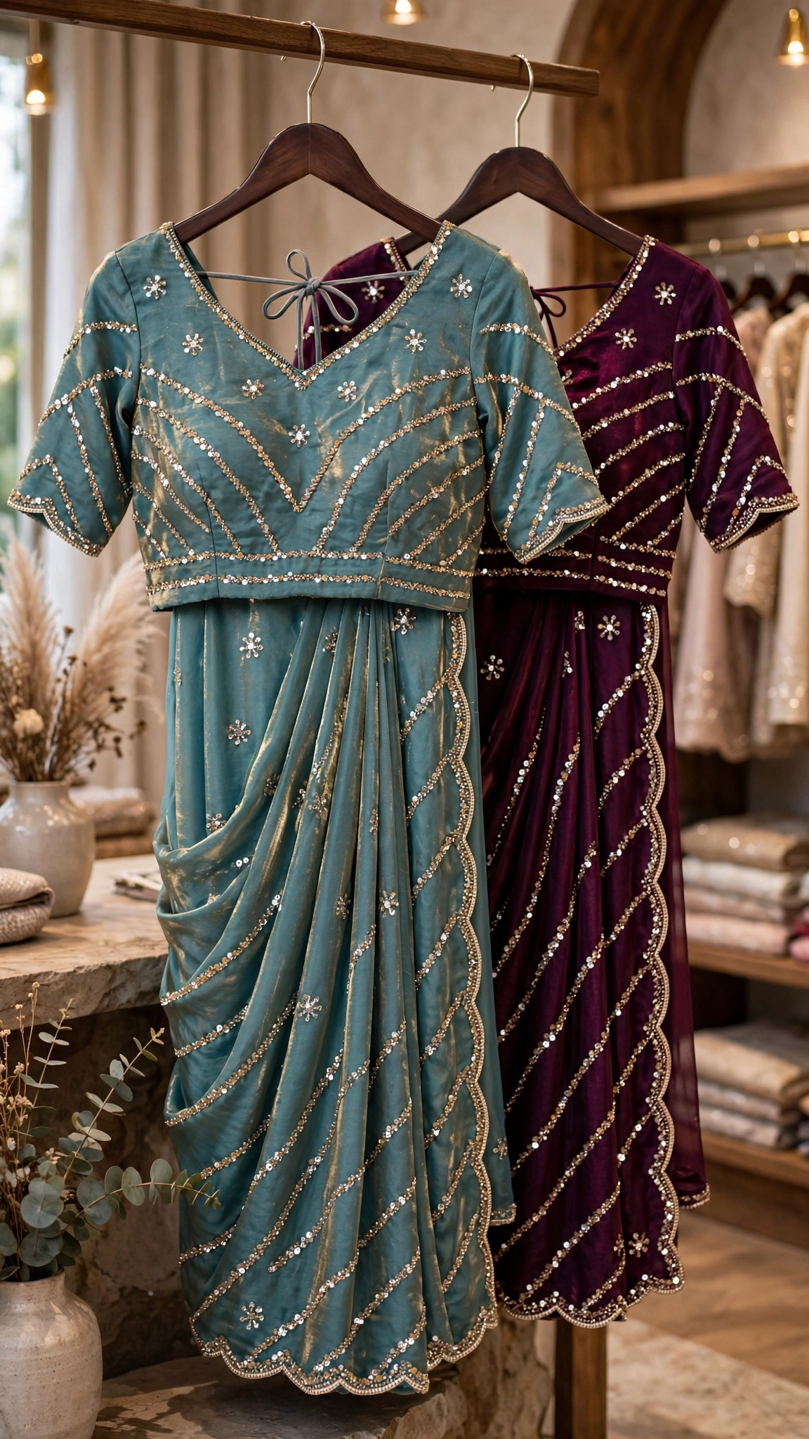 Glimmering Sequin & Embroidered Saree Ensemble – Available in Teal Blue & Royal Burgundy - Image 4