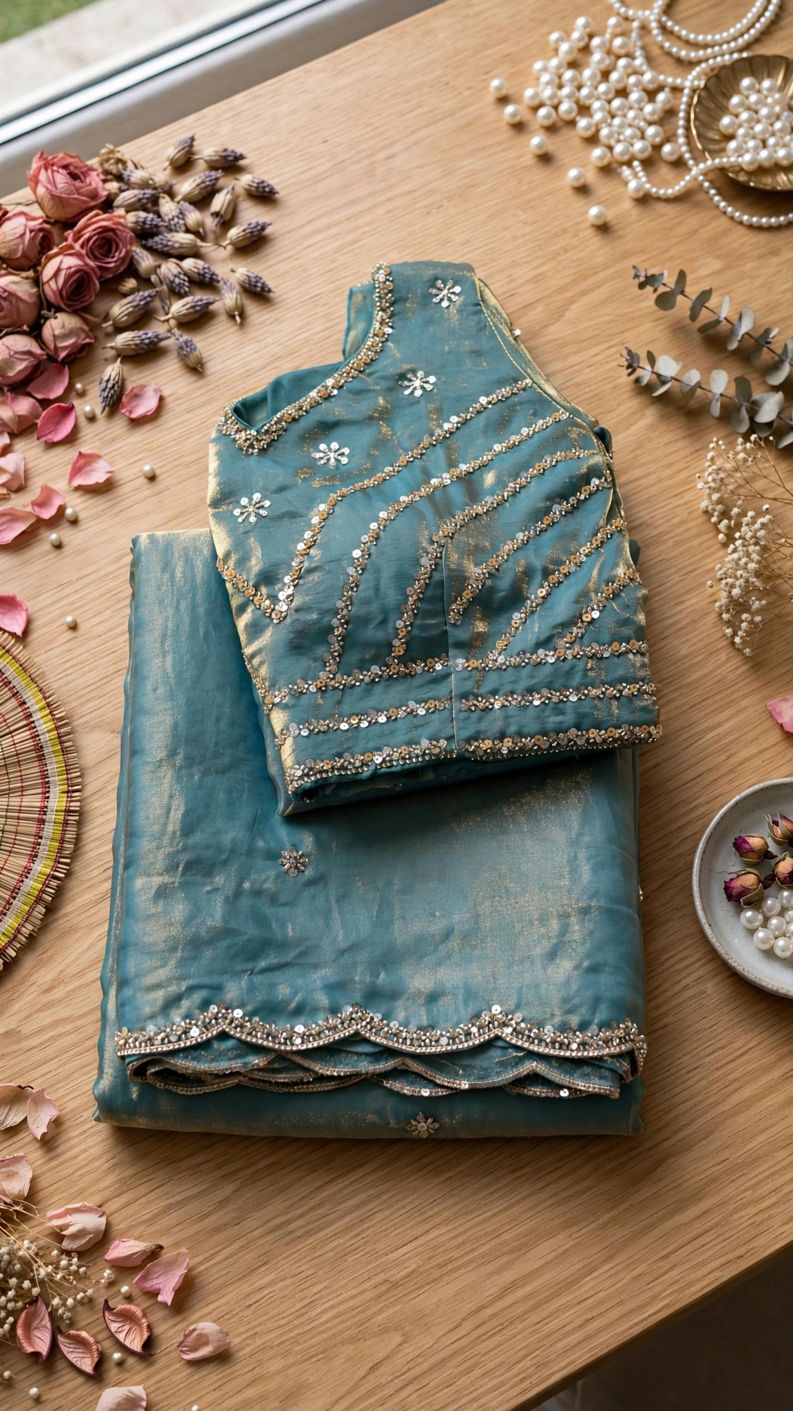Glimmering Sequin & Embroidered Saree Ensemble – Available in Teal Blue & Royal Burgundy - Image 5