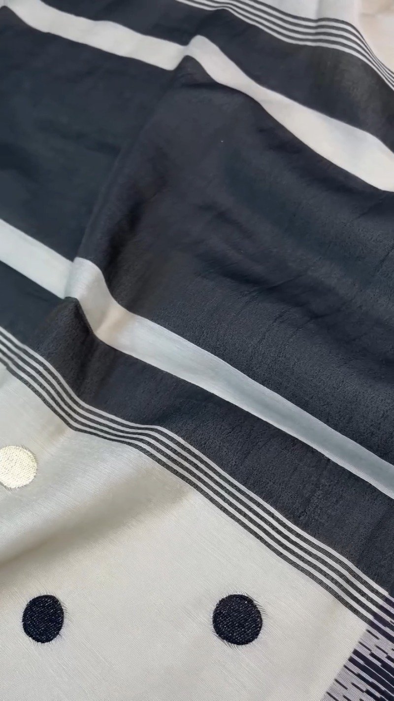 Chic Monochrome Stripe & Polka Dot Handloom Saree with Designer Blouse - Image 3