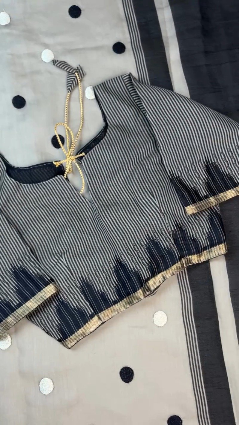 Chic Monochrome Stripe & Polka Dot Handloom Saree with Designer Blouse - Image 5