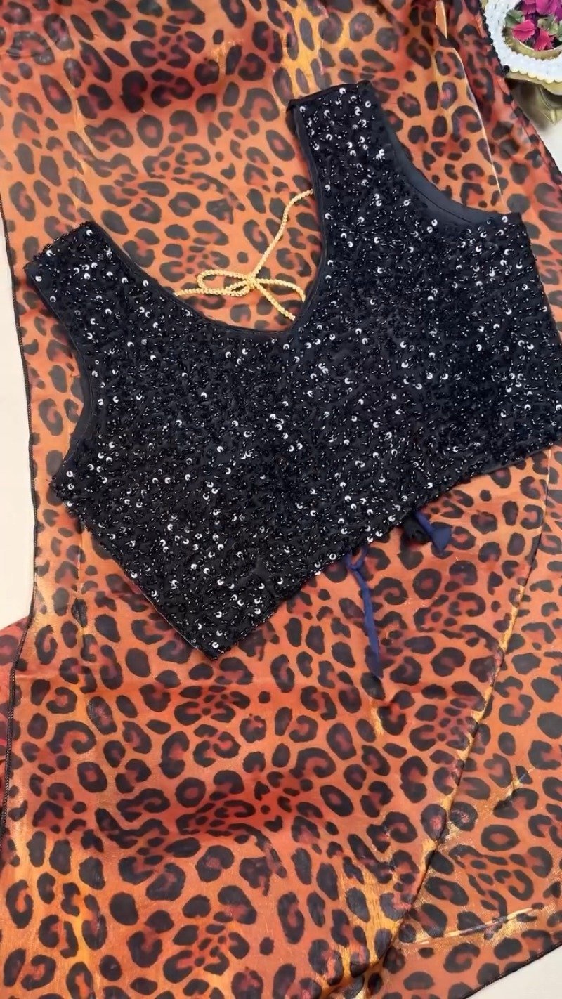Sultry Leopard Print Organza Saree with Embellished Sequin Blouse - Image 4
