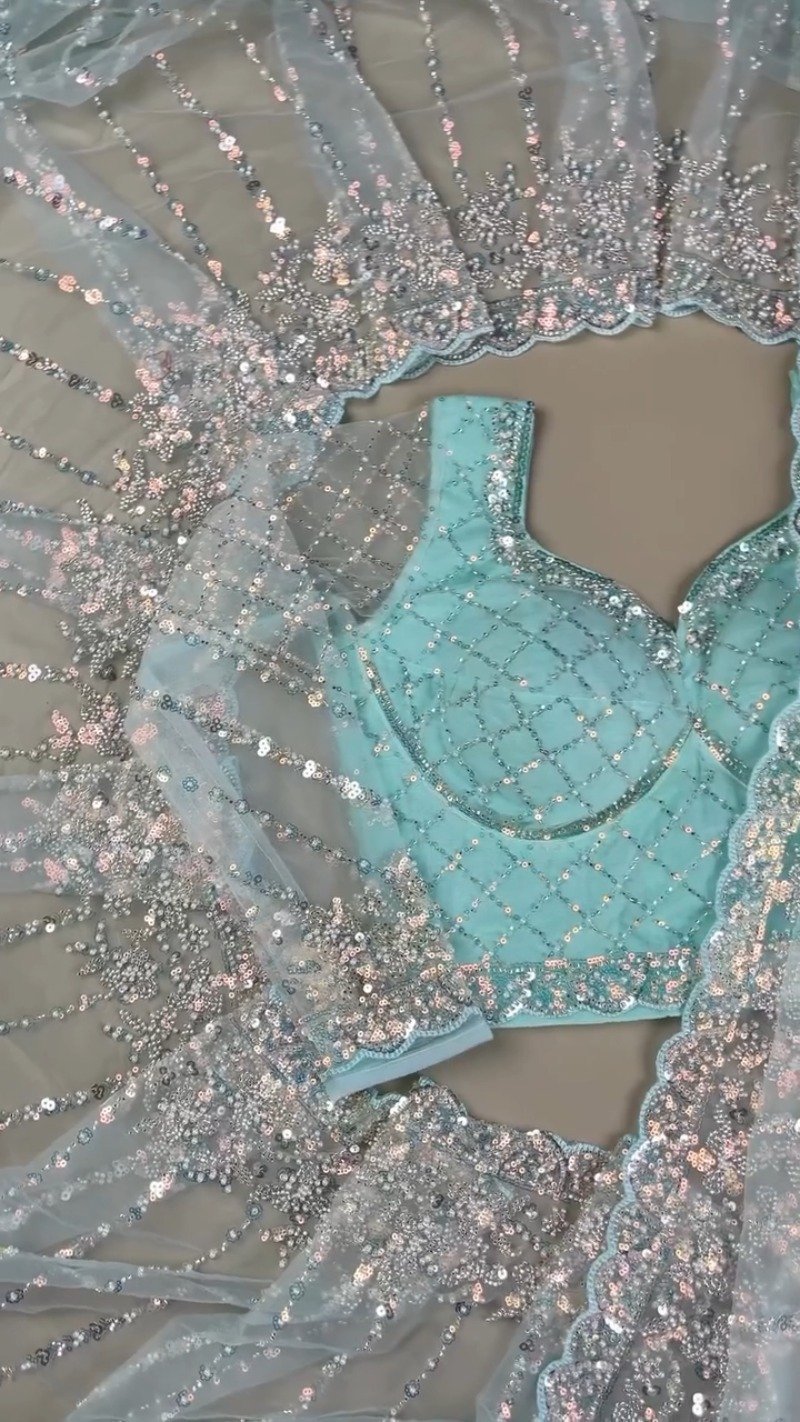 Astra Glacial Blue Sequin-Encrusted Net Saree with Designer Blouse