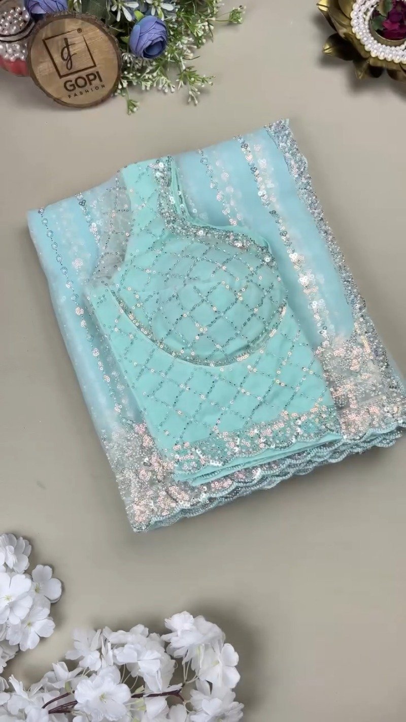 Astra Glacial Blue Sequin-Encrusted Net Saree with Designer Blouse - Image 2