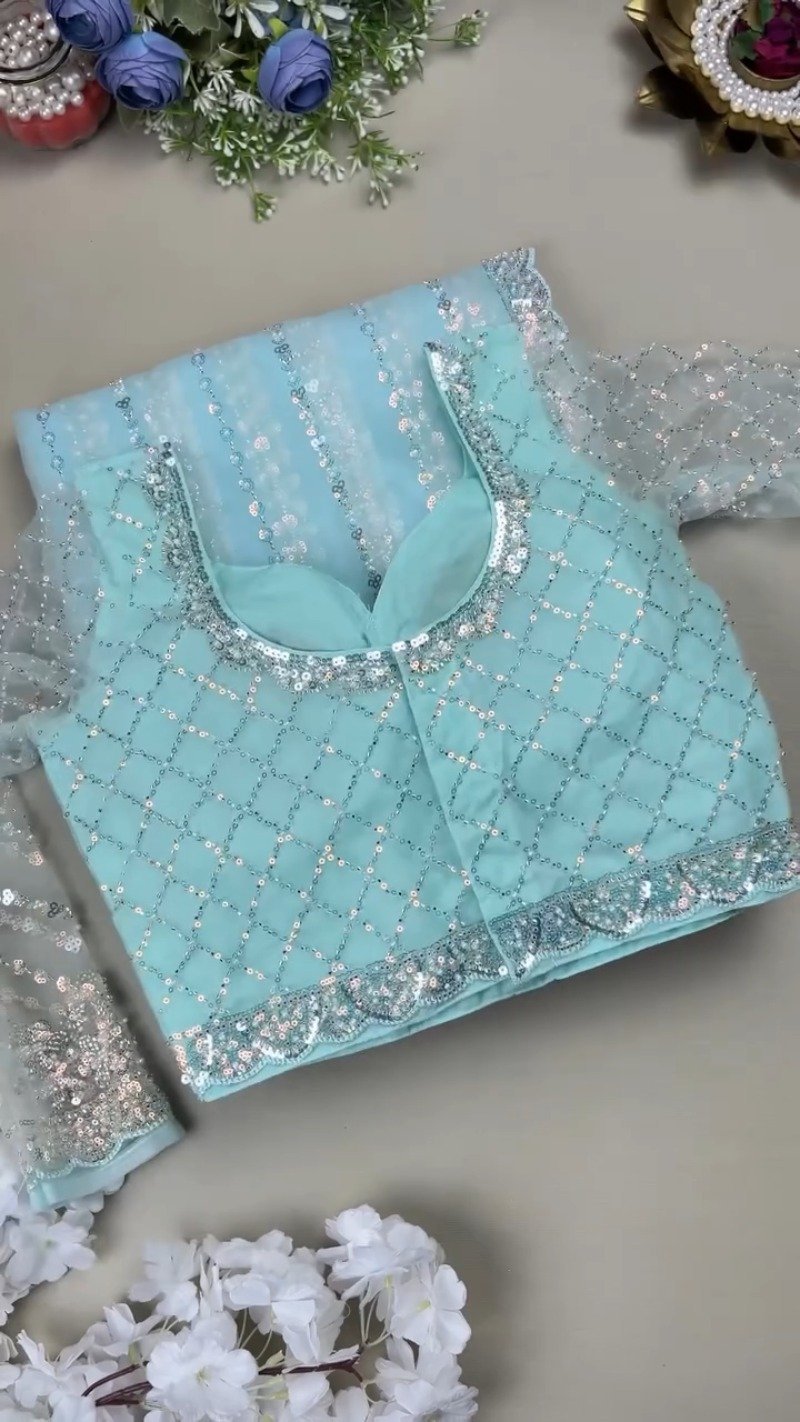 Astra Glacial Blue Sequin-Encrusted Net Saree with Designer Blouse - Image 3